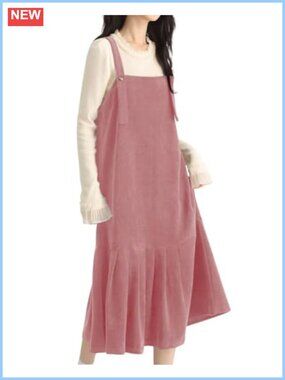 Corduroy Pinafore Overall Dress Pleated Flared Midi Jumper